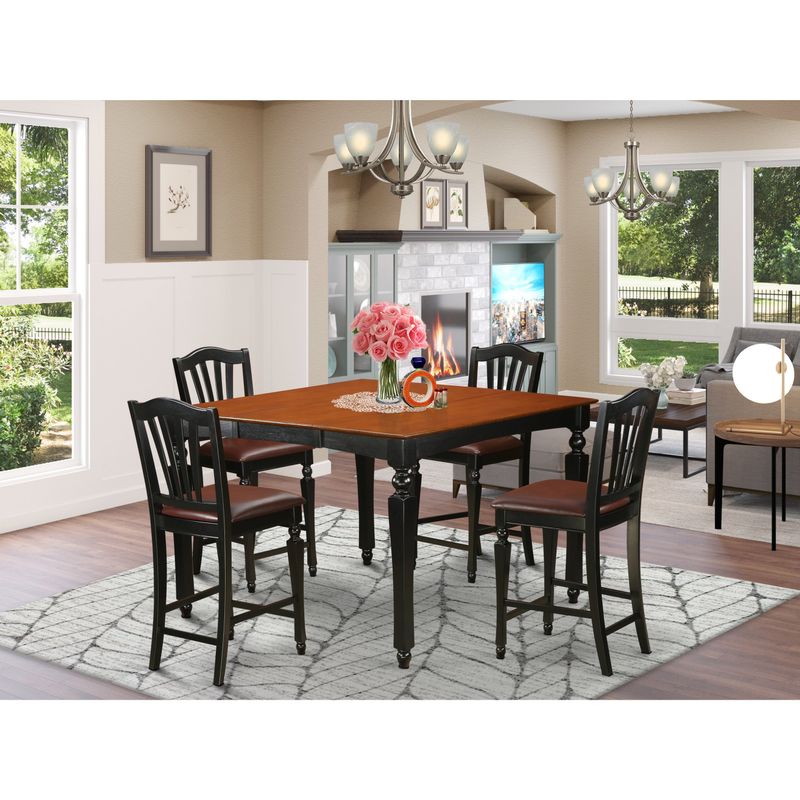 Black & Cherry Finish Natural Rubberwood 5-piece Dining Pub Set -Counter-height Square Table- 4 Chairs(Seat's Type Options) - CHEL5-BLK-C