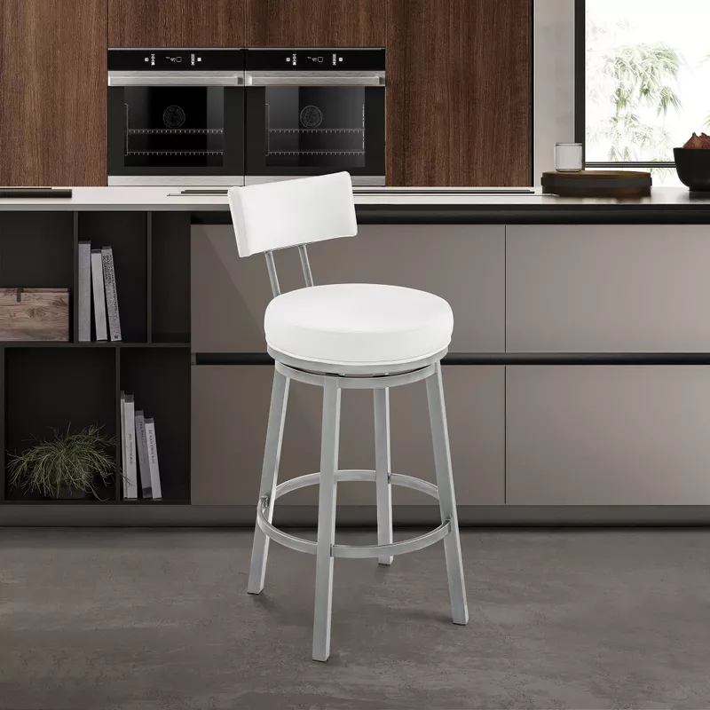 Dalza 30" Swivel Bar Stool in Cloud Finish with White Faux Leather