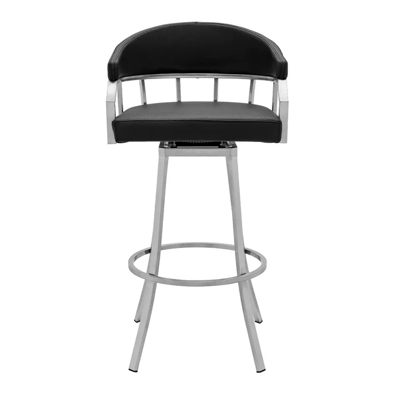 Valerie 30" Bar Height Swivel Modern Black Faux Leather Bar and Counter Stool in Brushed Stainless Steel Finish
