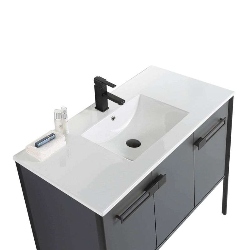 Fine Fixtures Oakville Bathroom Vanity  with White Ceramic Sink - Mild Grey Oak - Black Hardware - 30 Inch