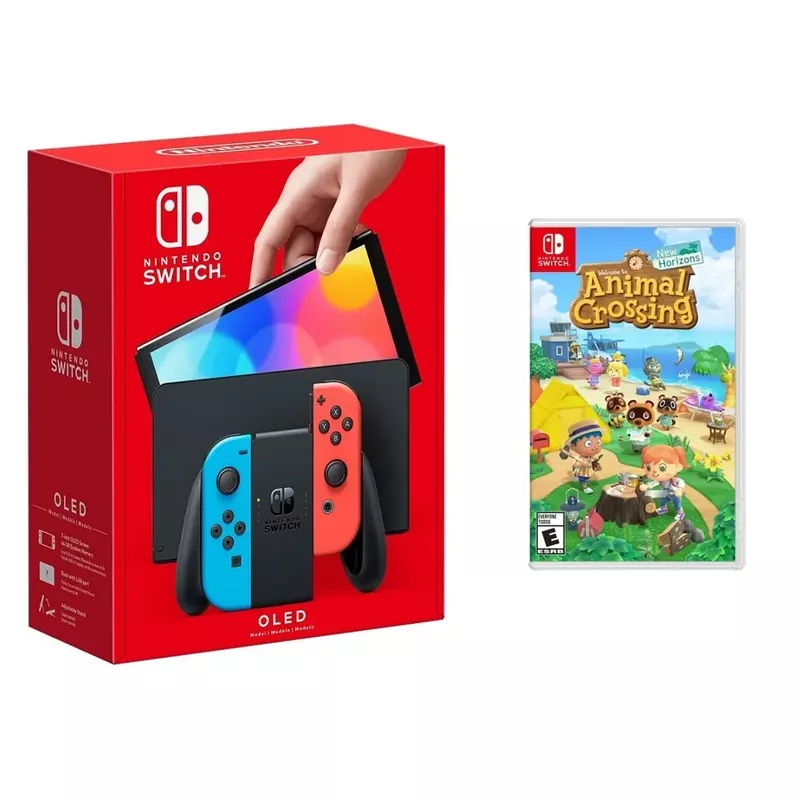 Nintendo - Switch OLED Neon (Red/Blue) + Animal Crossing BUNDLE