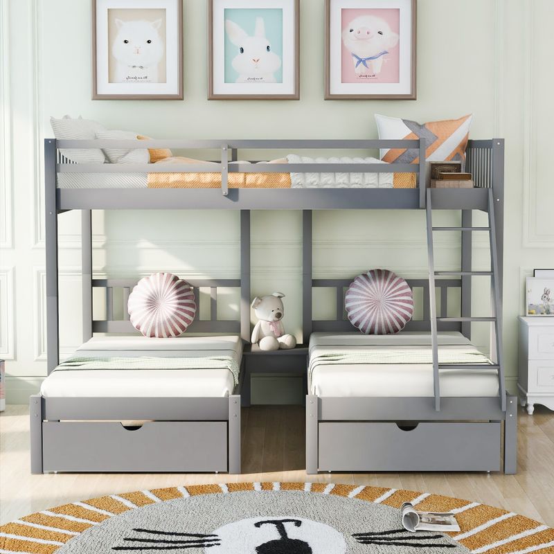 Full Over Twin & Twin Bunk Bed, Wood Triple Bunk Bed - Grey