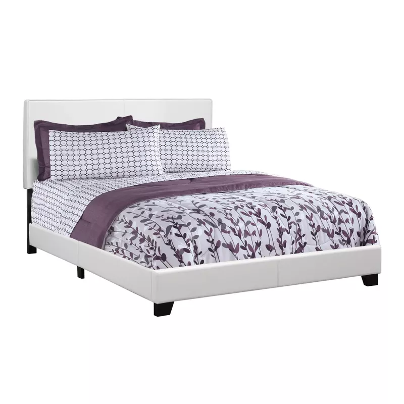 Bed/ Queen Size/ Platform/ Bedroom/ Frame/ Upholstered/ Pu Leather Look/ Wood Legs/ White/ Transitional