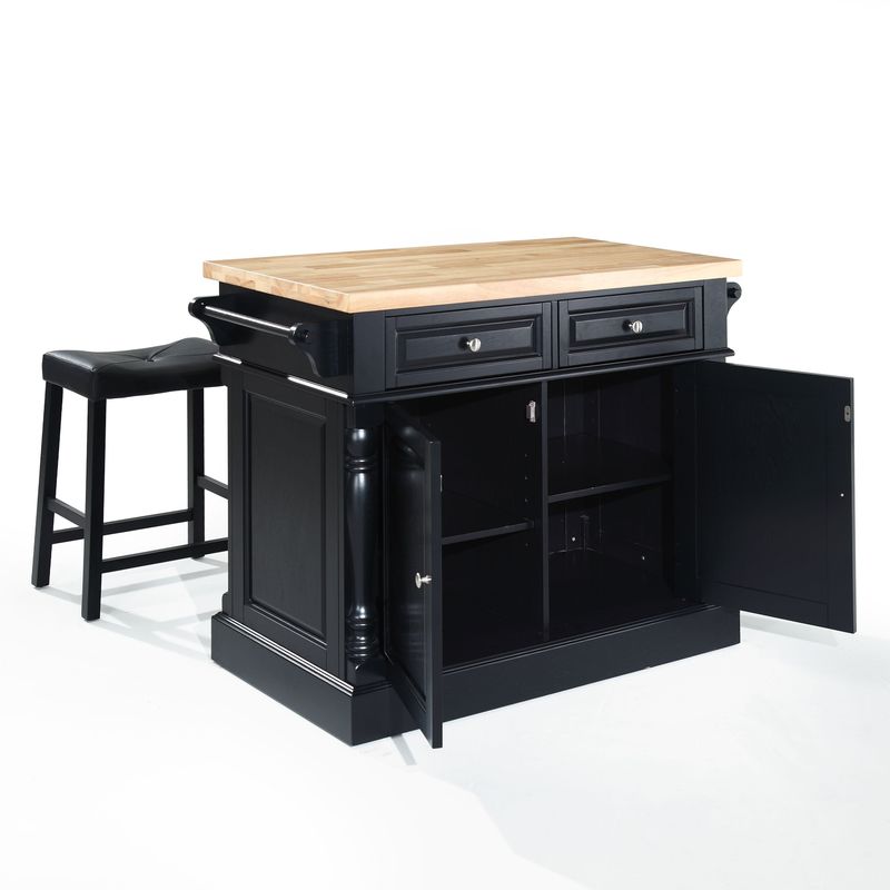 Oxford Butcher Block Top Kitchen Island in Black Finish with 24" Black Upholstered Saddle Stools - Stationary - Black - Wood