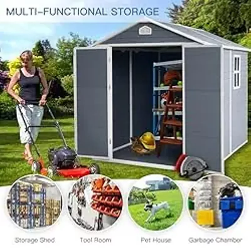 FurGenius 8x6 FT Outdoor Resin Storage Shed with Lockable Door, Air Vent and Window, Perfect to Store Patio Furniture, Bike Accessories etc, Outside Plastic Garden Sheds for Backyard, Lawn, Grey
