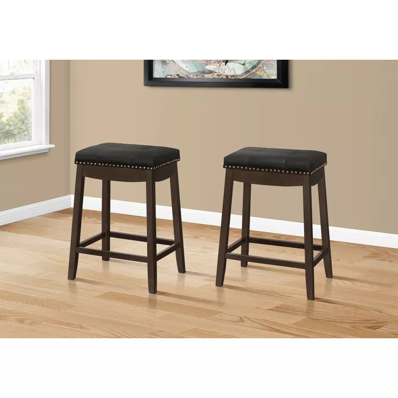 Bar Stool/ Set Of 2/ Counter Height/ Saddle Seat/ Kitchen/ Wood/ Pu Leather Look/ Black/ Brown/ Transitional