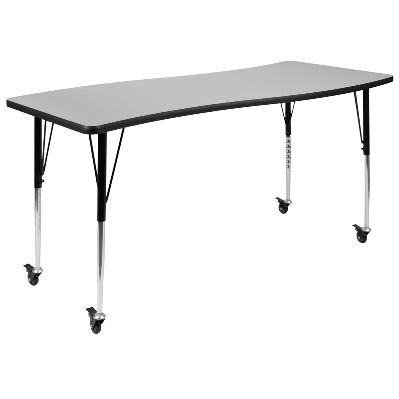 Mobile 86" Oval Wave Collaborative Laminate Activity Table Set with 18" Student Stack Chairs, Grey/Black - Grey