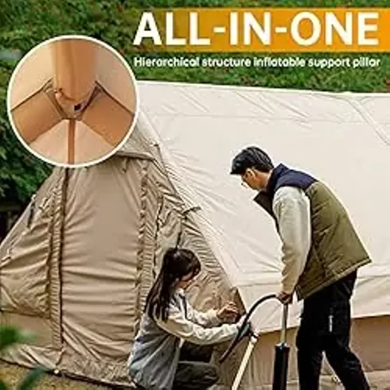 Inflatable Camping Tent with Pump, Glamping Tents, Easy Setup 4 Season Waterproof Windproof Outdoor Blow Up Tent, Luxury Cabin Tent with Mesh Windows & Doors