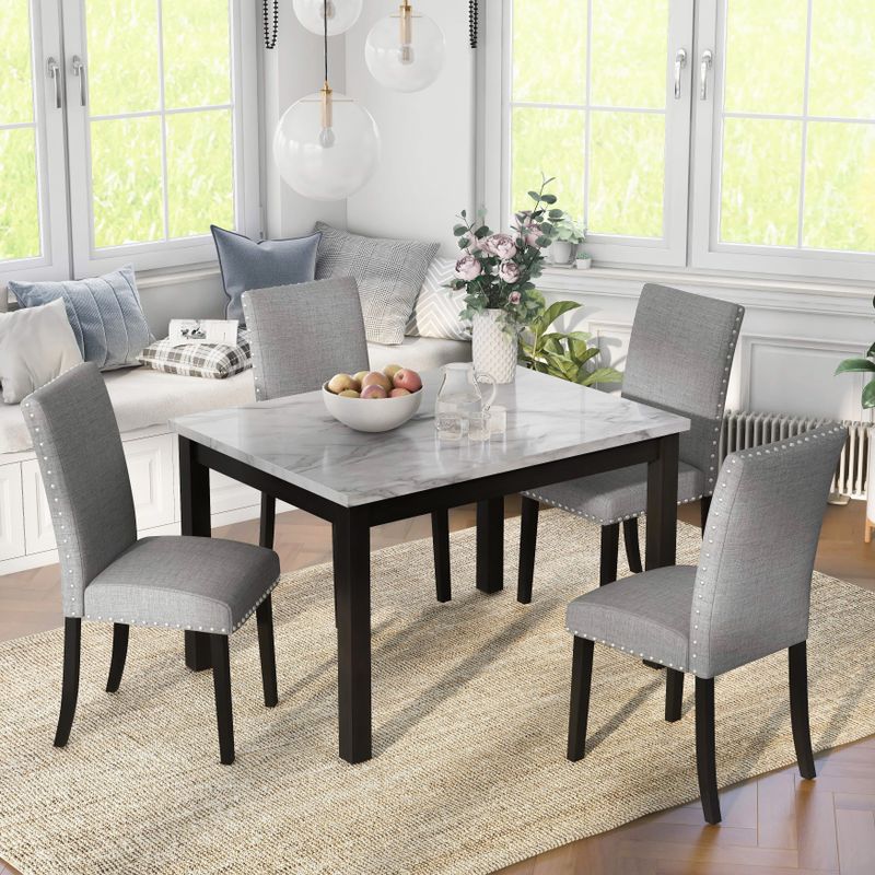 Furniture of America Paulina White and Grey Marble 5-Piece Dining Set - White and Brushed Brown Gray