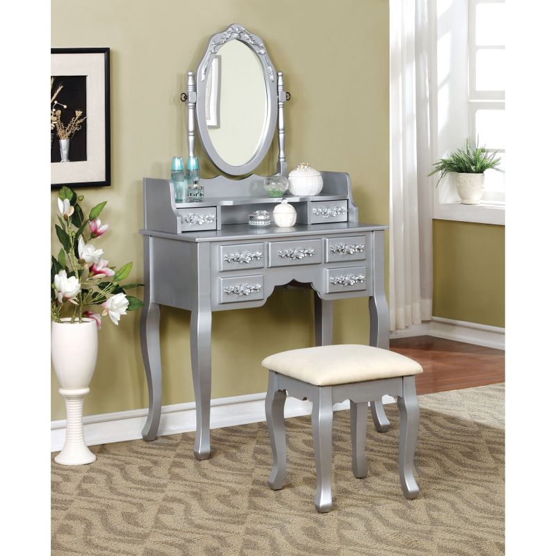 Furniture of America Mayla Elegant Traditional 2-piece Vanity Table and Stool Set - Silver