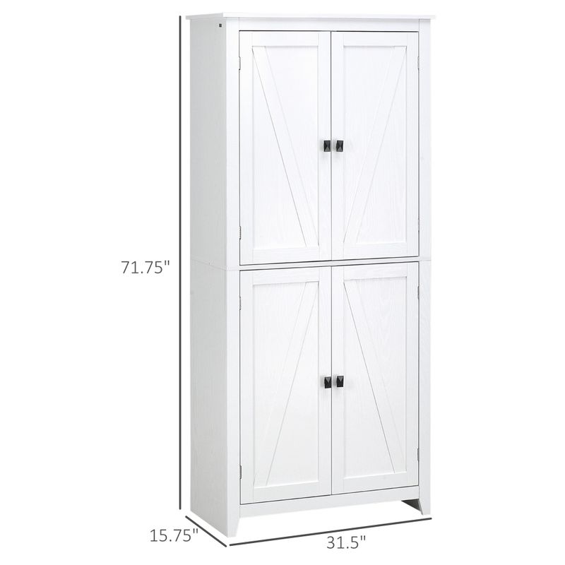 HOMCOM 72" Freestanding 4-Door Kitchen Pantry, Storage Cabinet Organizer with 4-Tiers, and Adjustable Shelves, White - Natural Wood