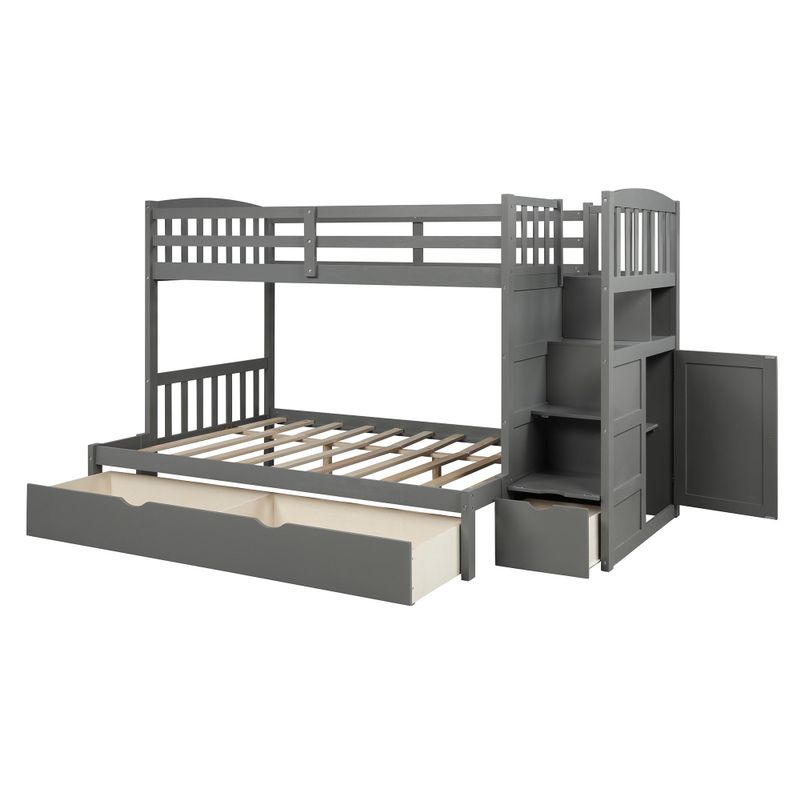 Twin Over Full/Twin Bunk Bed, Convertible Bottom Bed, Storage Shelves and Drawers - White