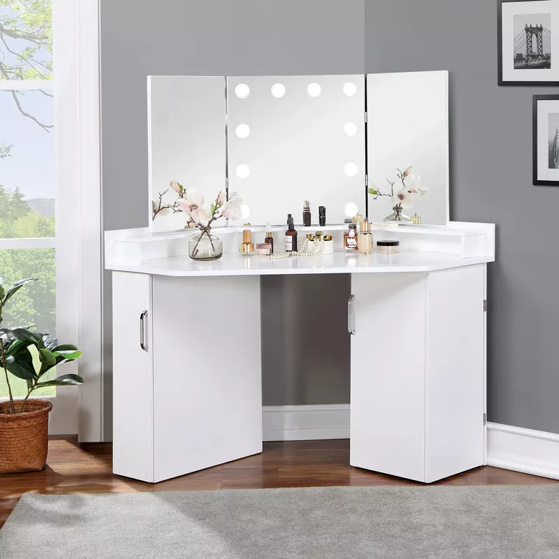 Glam White Corner Makeup Vanity Table with Mirror