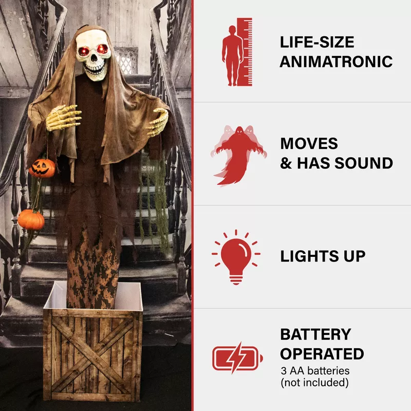 Animatronic Skeleton in a Box with Movement, Sounds, and Light-Up Eyes for Scary Halloween Decoration