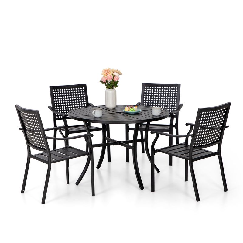 PHI VILLA 5-Piece Patio Dining Set Metal E-coating of 4 Upgraded Back Pattern Chairs & 1 Umbrella Hole Metal Table - Black - 5-Piece Sets