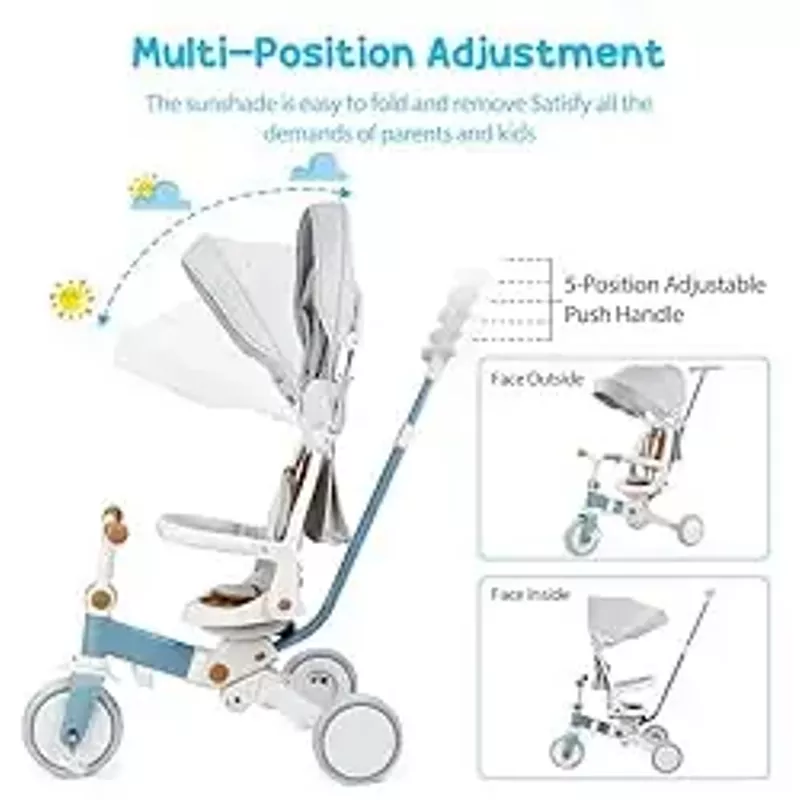 Babevy Baby Tricycle, 7-in-1 Folding Kids Tricycle with Adjustable Parent Handle, Safety Harness & Wheel Brakes, Removable Canopy, Ultra-Light Vehicle, Push Bike Gift for Toddlers for 1-6 Yearswhite