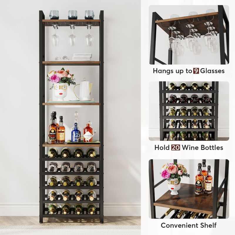 9-Tier Freestanding Floor Wine Rack, 20-Bottle Wine Bakers Rack with Glass Holder and Storage Shelves - Brown