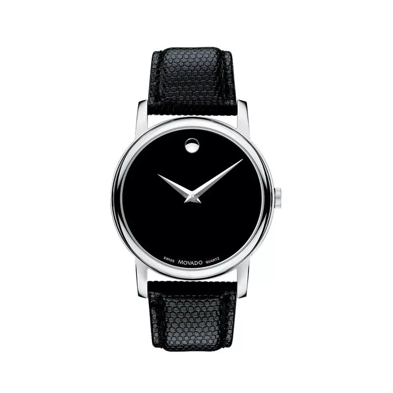 Movado - Mens Museum Classic Silver & Black Textured Leather Strap Watch Black Dial