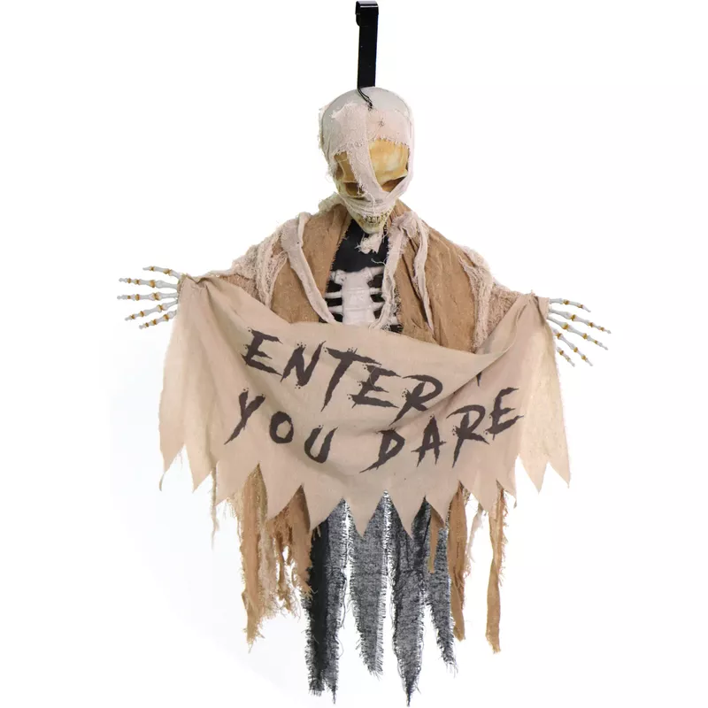 Animatronic Skeleton Mummy Greeter with Banner and Folding Door Hook for Scary Halloween Decoration