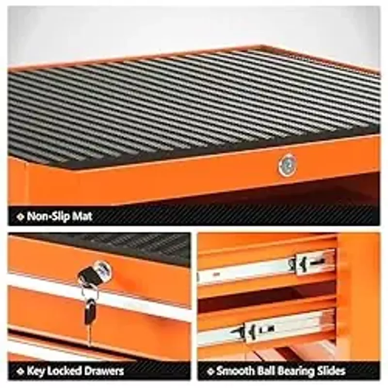 DNA MOTORING 3-Drawers Rubber Top Utility Rolling Tool Chest Cabinet with Wheels, Heavy Duty Industrial Service Cart Keyed Locking System, for Garage Warehouse Workshop, Orange, TOOLS-00405