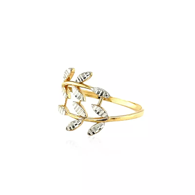 14k Two Tone Gold Crossover Ring with Textured Leaves (Size 7)