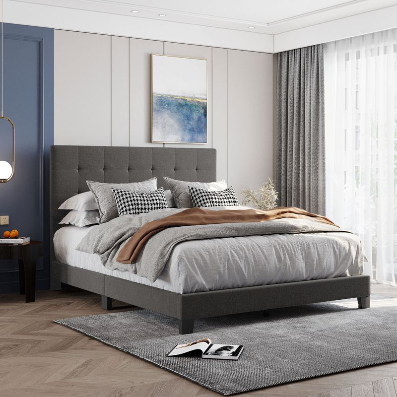 Nestfair Queen Size Upholstered Platform Bed with Tufted Headboard - Grey