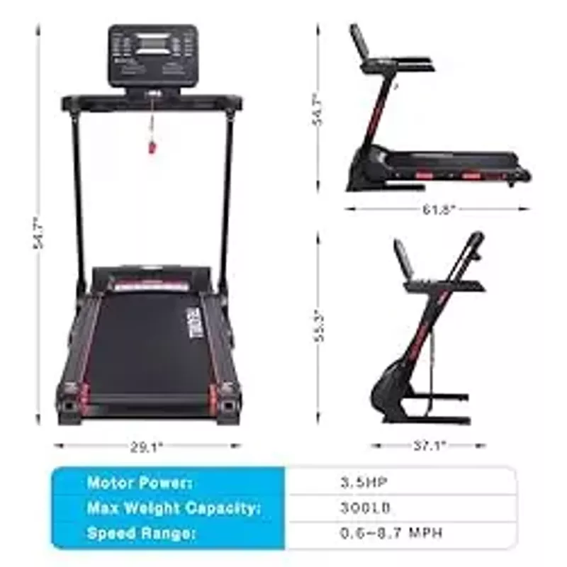 Treadmill with Auto Incline,Home Folding Treadmill with Heart Sensor,3.5 HP Quiet Brushless, 8.7 MPH, Shuttle Buttons,48in*18in Running Area,Running Machine for Home Office Indoor Cardio Exercise