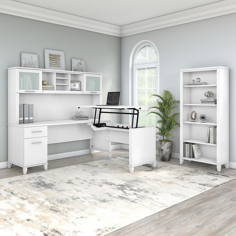 Somerset 72W Sit to Stand L-Desk with Hutch and Bookcase in Ash Gray - Maple Cross