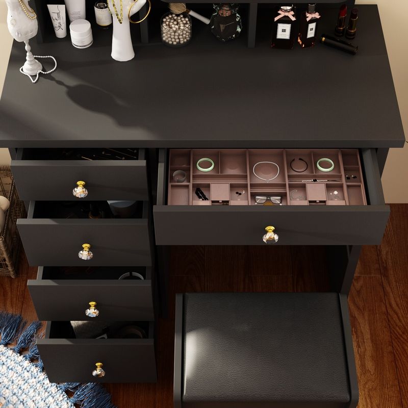 Makeup Vanity Table Set With Mirror Mirror Desk & Drawer(PINK/BLACK) - Black