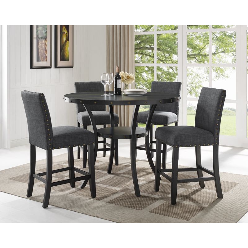 Roundhill Furniture Biony Espresso Wood Counter Height Dining Set with Fabric Nailhead Stools - Grey