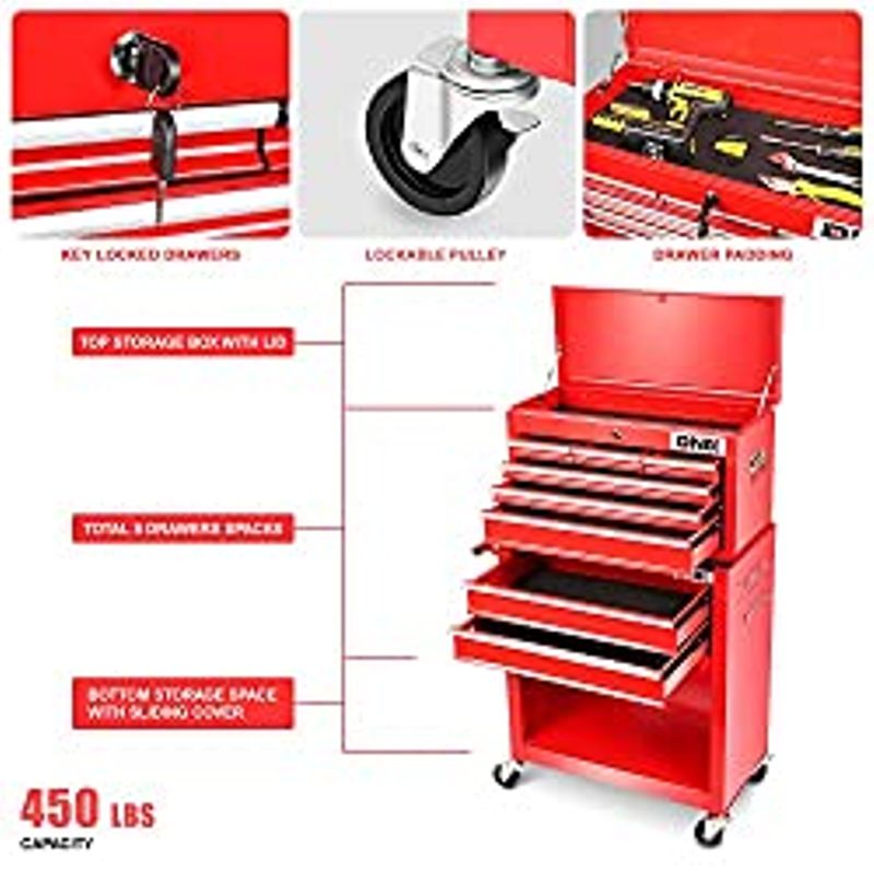 DNA MOTORING TOOLS-00265 2 Pcs Combination Tool Rolling Cabinet 2-in-1 Detachable Toolbox Organizer Chest High Capacity Storage with...