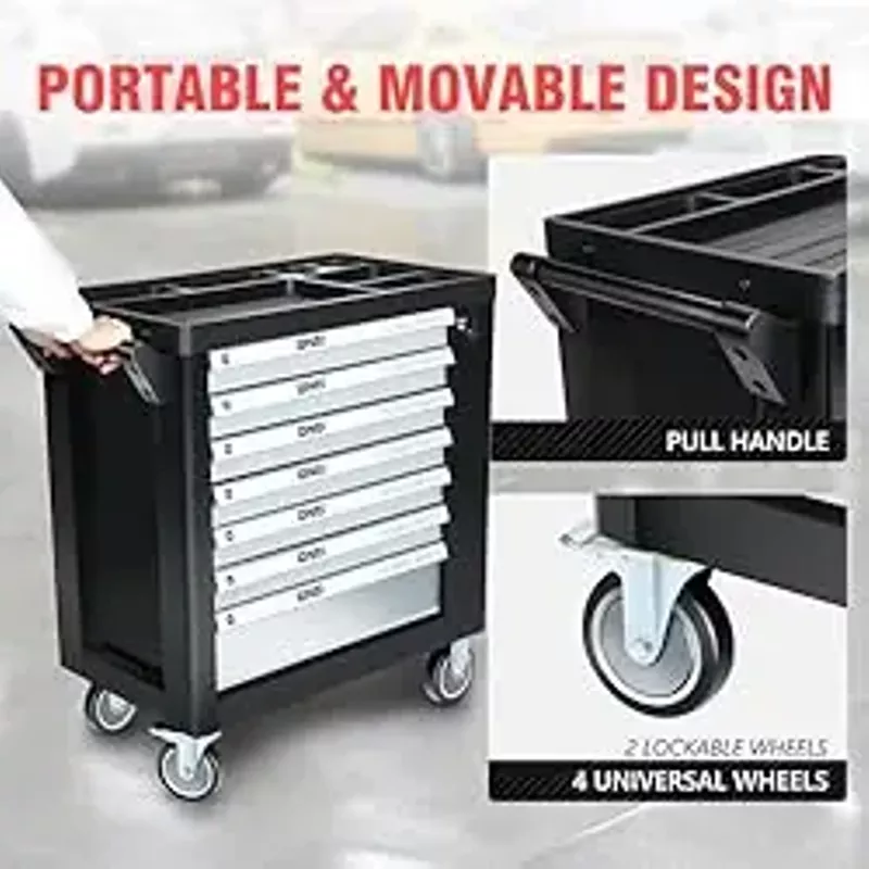 DNA MOTORING 7-Drawers Roller Tool Chest Cabinet with Casters, Locking System, Top Worktop, for Garage Warehouse Workshop, Grey, TOOLS-00397