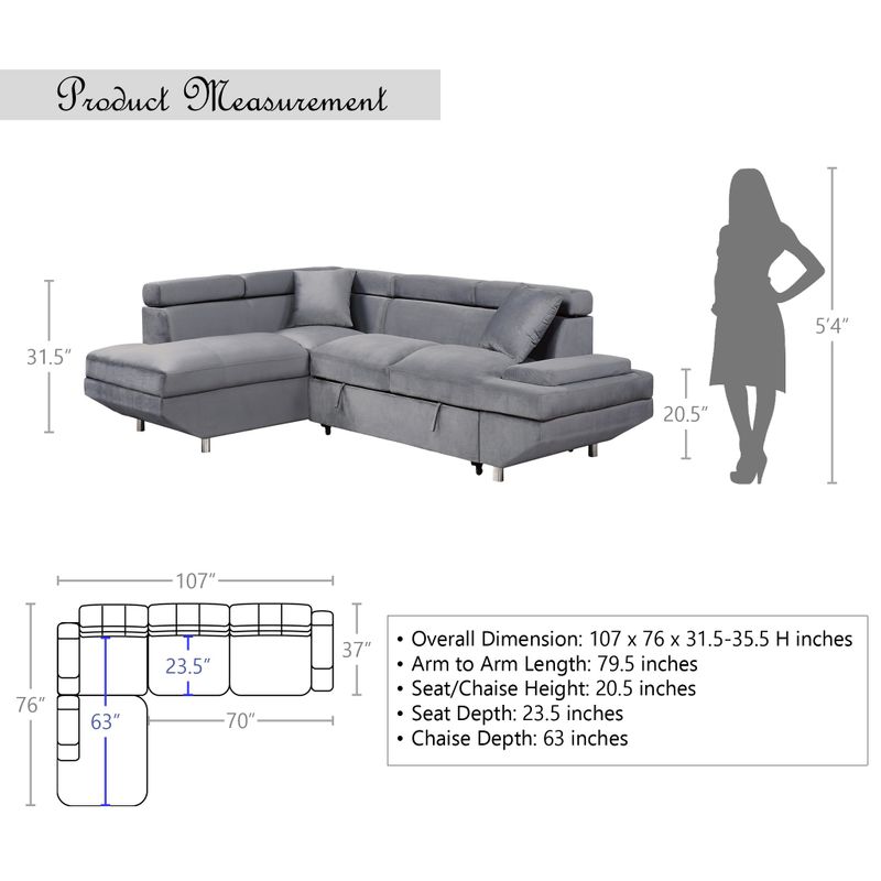 Rent to own Cadieux Sectional Sofa Chaise with PullOut Bed Grey
