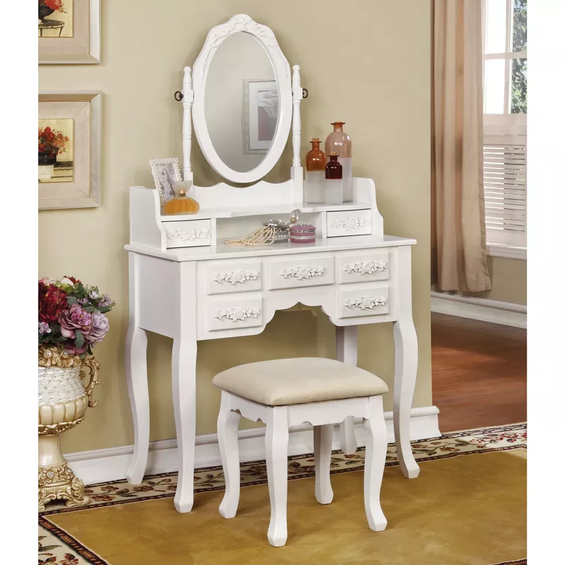 Traditional Wood 3-Piece Bedroom Vanity Set in White