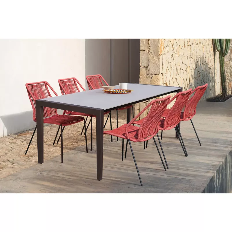 Fineline and Clip Indoor Outdoor 7 Piece Dining Set in Dark Eucalyptus Wood with Superstone and Rope - Blue