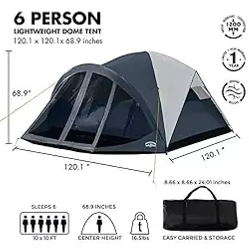 Pacific Pass 6 Person Dome Tent w/ Removable Rain Fly and Screen Room, Water Resistant - Navy/Gray