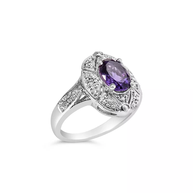 .925 Sterling Silver 9x7mm Oval Purple Amethyst and Diamond Accent Art Deco Style Cocktail Ring (I-J Color, I1-I2 Clarity) - Size 6