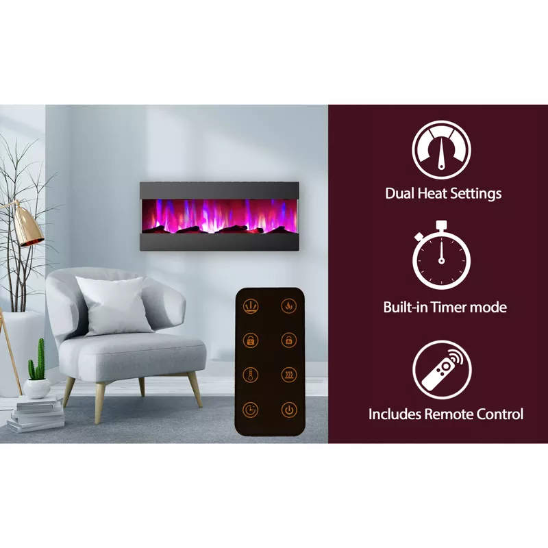 50-In. Recessed Wall Mounted Electric Fireplace with Logs and LED Color Changing Display, Black