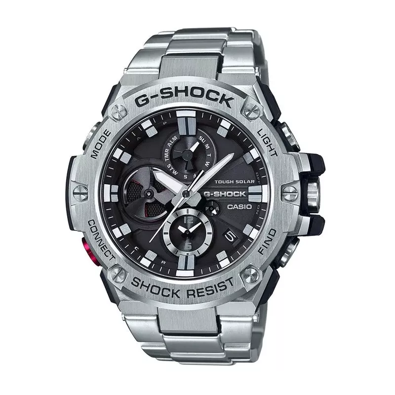 G-Shock - Mens G-Steel Mobile Link Silver-Tone Watch Black Dial