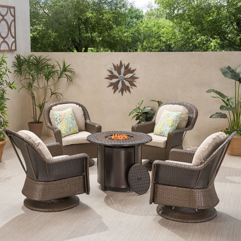 Liam Outdoor 4 Seater Wicker Swivel Chair and Fire Pit Set by Christopher Knight Home - Brown + Gray + Hammered Bronze