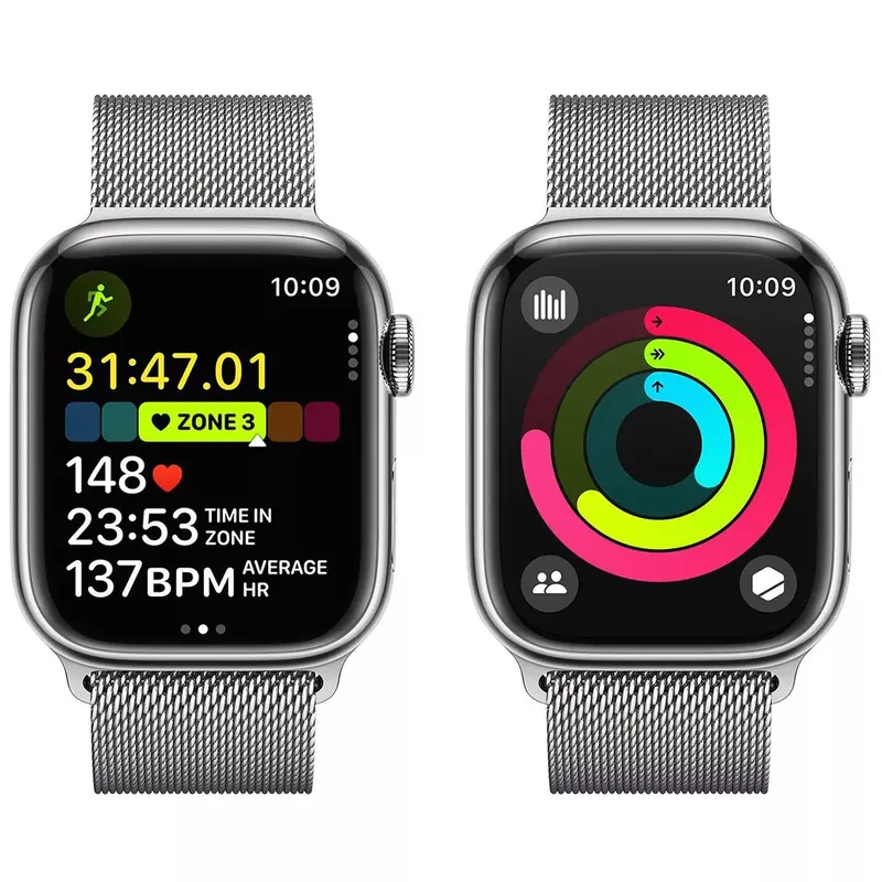 Apple Watch Series 9 GPS + Cellular Stainless Steel Case, - Adjustable Strap - Silver Case - Silver Milanese