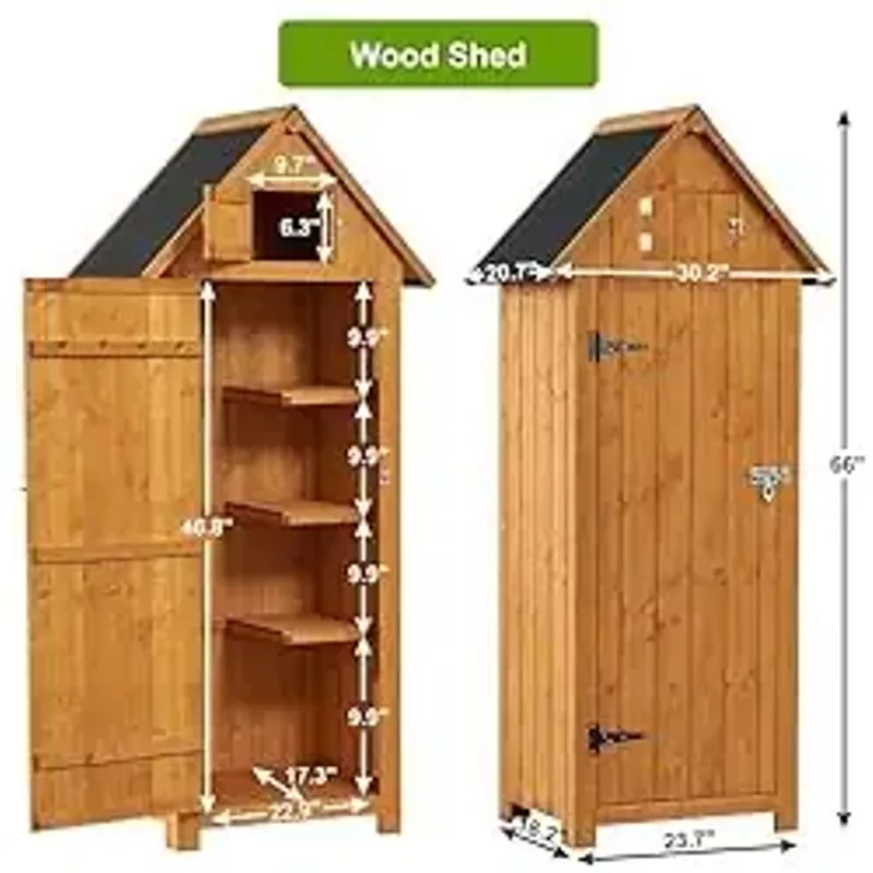 FairOnly Outdoor Shed Storage Cabinet, Garden Wooden Sheds, Outside Storage Cabinet Weather Proof with Floor, Fir Wood Tool Organizer with Door and Shelves for Backyard, Hallway (Natural)