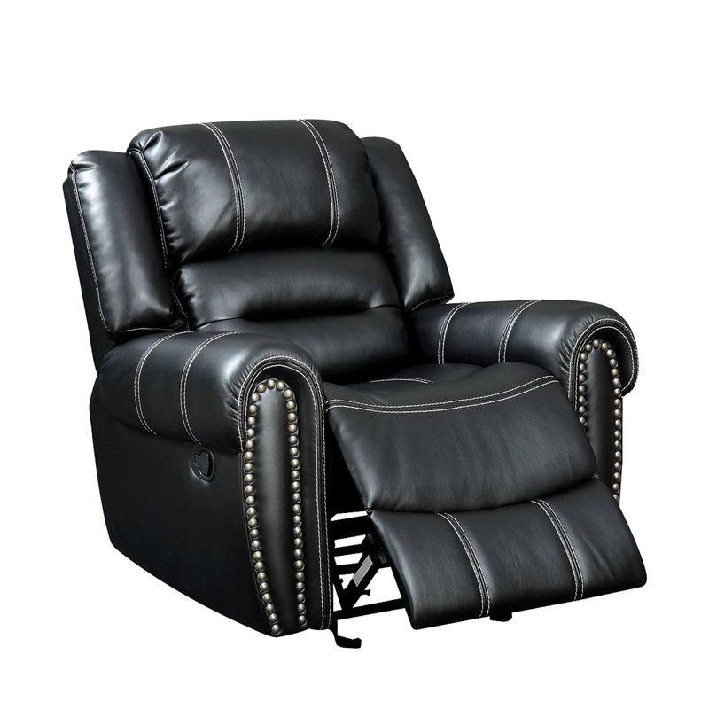 Leatherette Recliner With Nailhead Trim in Black - Black