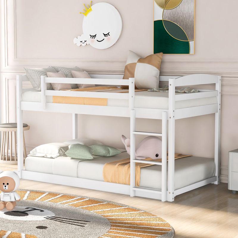 Nestfair Twin over Twin Floor Bunk Bed with Ladder - White