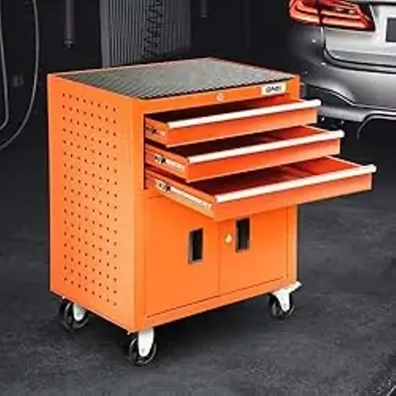 DNA MOTORING 3-Drawers Rubber Top Utility Rolling Tool Chest Cabinet with Wheels, Heavy Duty Industrial Service Cart Keyed Locking System, for Garage Warehouse Workshop, Orange, TOOLS-00405