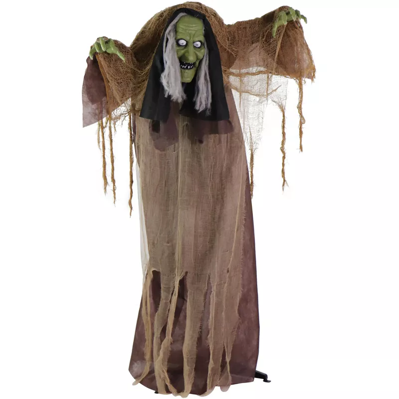 Animatronic Talking Hunchback Witch with Movement and Lights for Scary Halloween Decoration