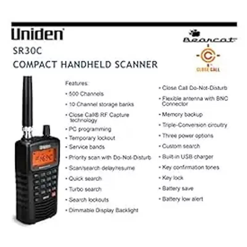 Uniden Bearcat SR30C, 500-Channel Compact Handheld Scanner, Close Call RF Capture, Turbo Search, PC programable, NASCAR, Racing, Aviation, Marine, Railroad, and Non-Digital Police/Fire/Public Safety