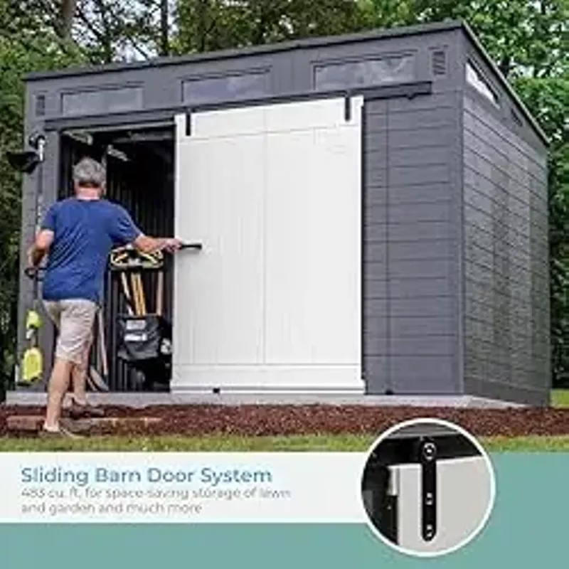 Suncast Modernist 10 Foot by 7 Foot Outdoor Plastic Storage Shed with Pad Lockable Sliding Barn Door for Outdoor Storage Items, Gray and Black
