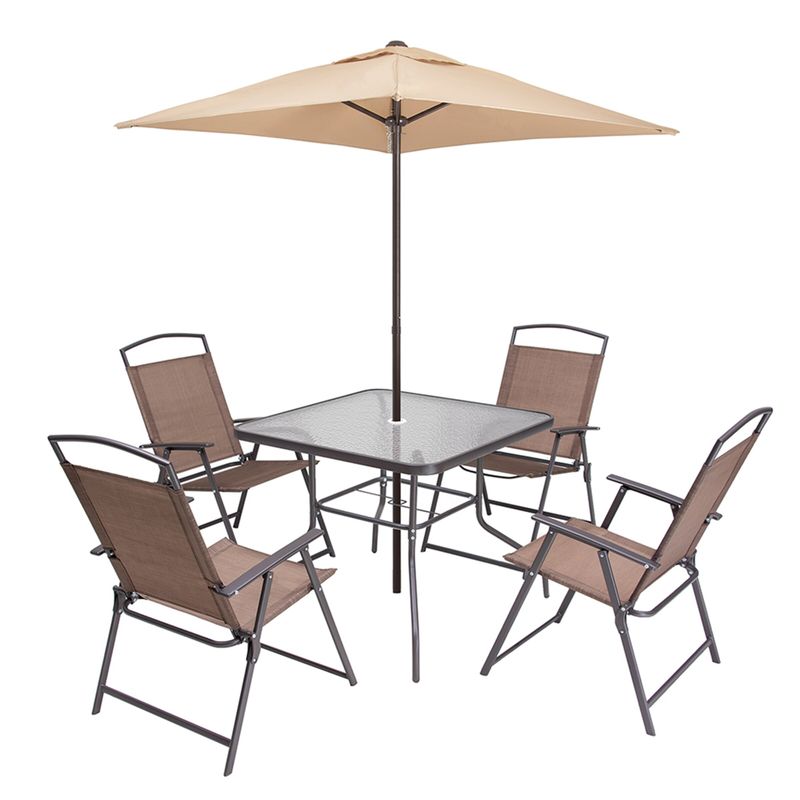 6 PCS Patio Dinning Set with 4 Folding Chairs, Glass Table and Tan Umbrella without Base - Brown - 6-Piece Sets
