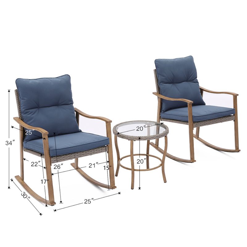 COSIEST Outdoor 3 Piece Bistro Set Patio Rocking Chairs with Cushions - Blue